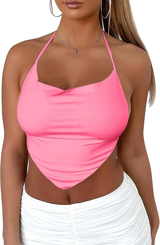 VASAUGE Women's Backless Halter Tie Back Crop Asymmetrical Hem Bandana Tops | Amazon (US)