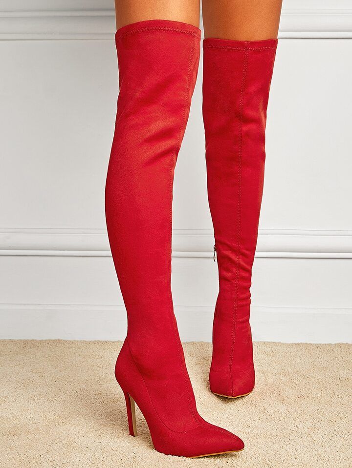 Red Solid Color Stretch Fabric Over-the-knee Boots With Side Zipper | SHEIN