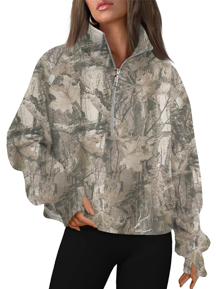 Womens Camo Half Zip Hoodies Fleece Cropped Pullover Sweatshirts Quarter Zipper Fall Winter Outfi... | Amazon (US)