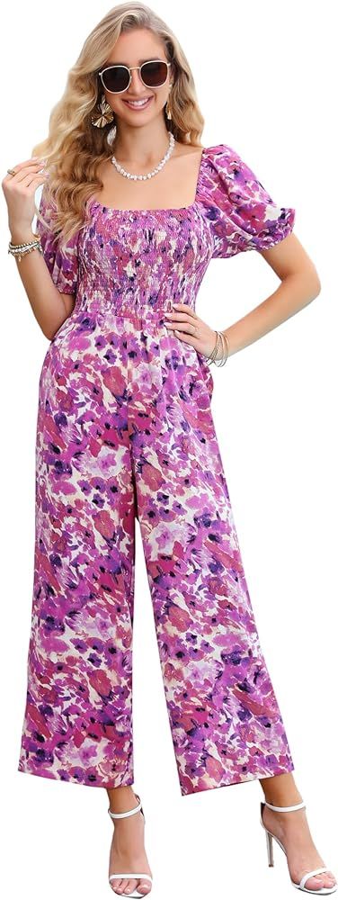 Love Welove Fashion Floral Jumpsuits for Women, casual Loose Romper Short Sleeve Smocked High Wai... | Amazon (US)