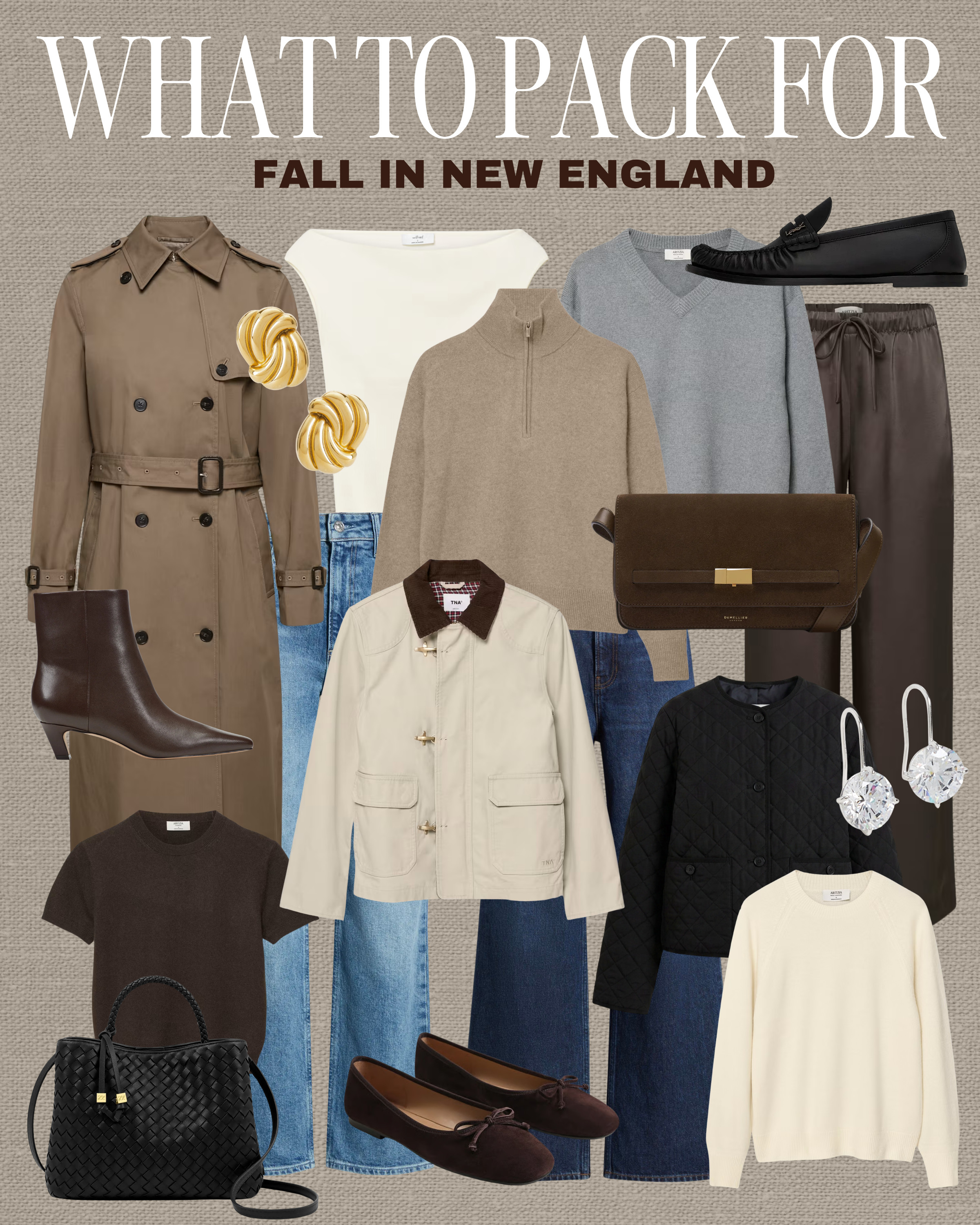 what to pack for fall in new england

travel capsule / packing tips / fall style / east coast/ preppy style / style over 30 / trench coat / cashmere sweater / quarter zip sweater / vneck sweater / barn jacket / quilted jacket / lodge pants satin / aritzia / paige jeans / sam edelman / marc fisher booties / demellier purse / katie loxton. /ysl loafers

#LTKSeasonal #LTKTravel