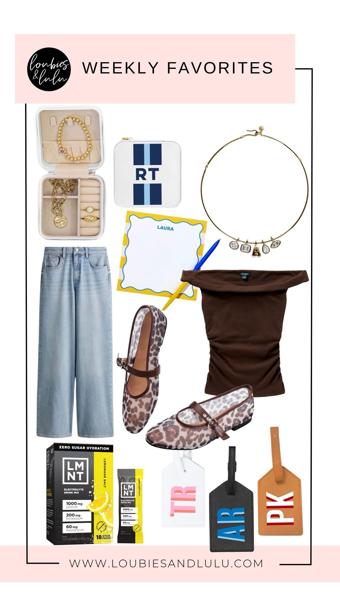 On my radar this week☀️sunny stationery, style steals under $40- wide leg denim, twist off shoulder top, mesh flats, travel jewelry box and tags, collar necklace