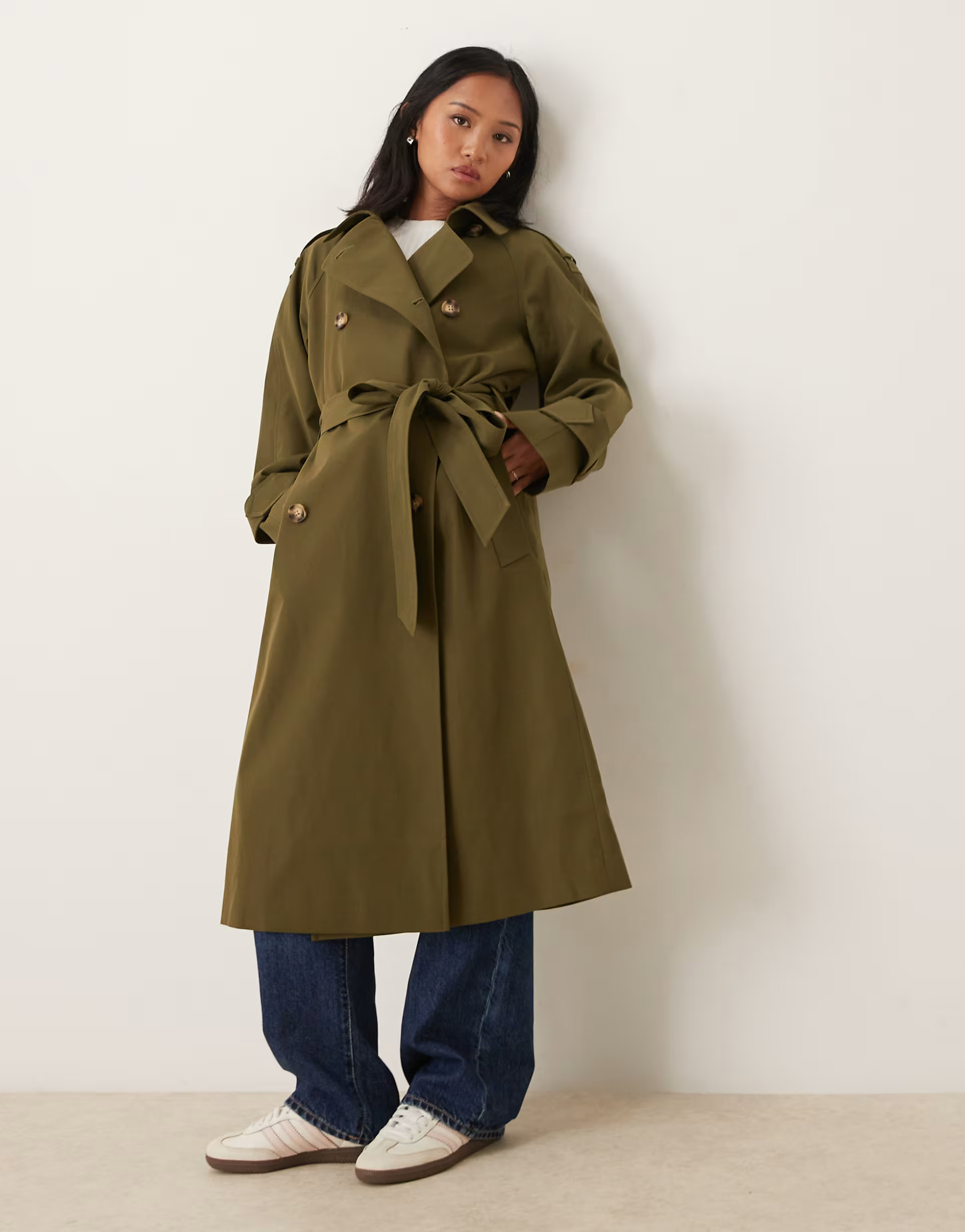 ASOS DESIGN Petite longline trench coat in olive | ASOS (Global)