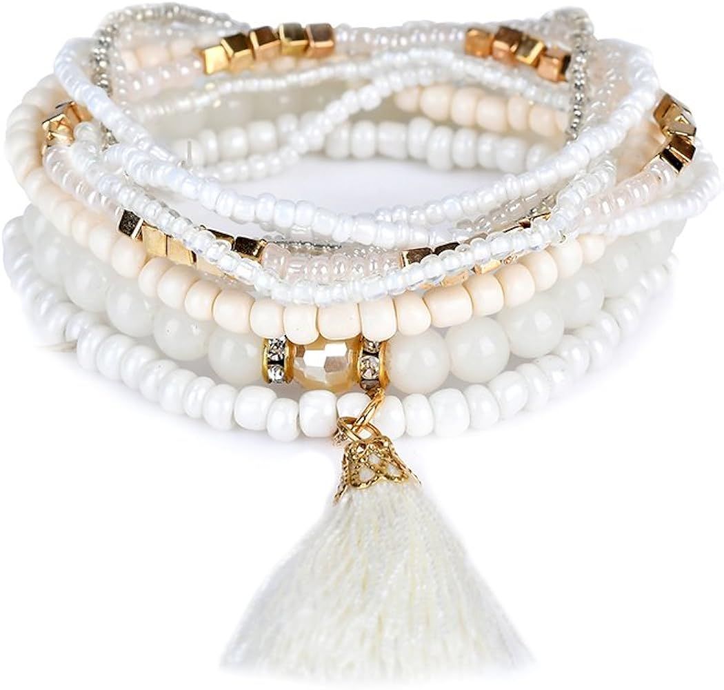 LUREME Bohemian Beads Pearl Tassel Multi Strand Textured Stackable Bangle Bracelet Set(bl003054) | Amazon (US)