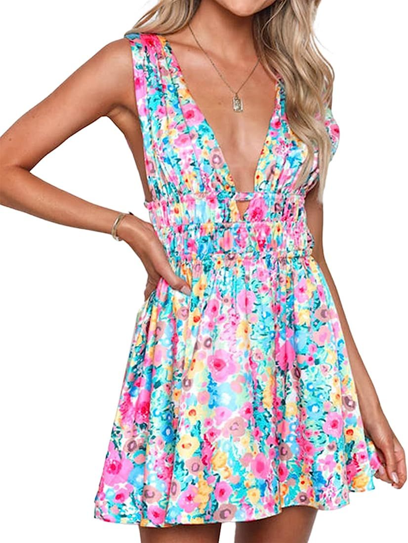Women Y2K Floral Mini Dresses Sleeveless Low Cut Cutout Backless Dress Cute Print A-Line Party Sh... | Amazon (US)