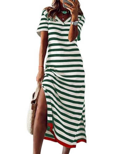 Amazon.com: Dokotoo Maxi Dress for Women Casual V Neck Short Sleeve Stripe Split Long Dresses for... | Amazon (US)