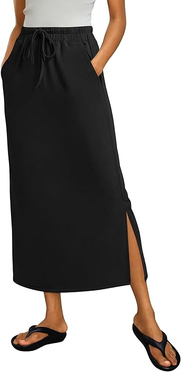ANRABESS Maxi Skirts for Womens 2026 Summer High Waist Drawstring Side Slit Spring Casual Long Pe... | Amazon (US)