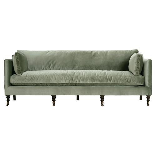 Madeline French Green Upholstered Brown Wood Brass Casters Nailhead Sofa - 90"W | Kathy Kuo Home