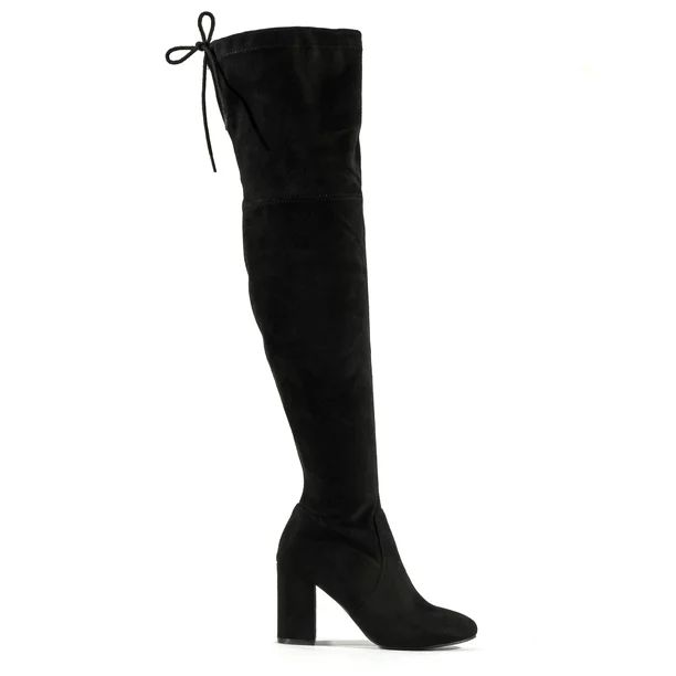 Tie Back Chunky Heeled Over The Knee Women's Boots in Black | Walmart (US)