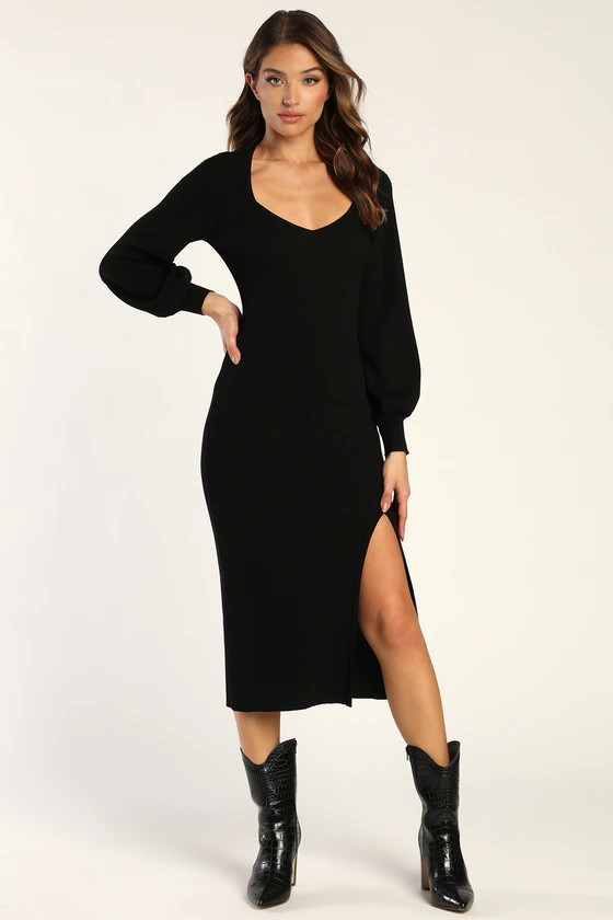 Fall Lover Black Balloon Sleeve Midi Sweater Dress | Lulus (US)