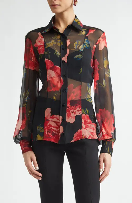 Carolina Herrera Isabella Sheer Silk Chiffon Button-Up Shirt in Black Multi at Nordstrom, Size 8 | Nordstrom