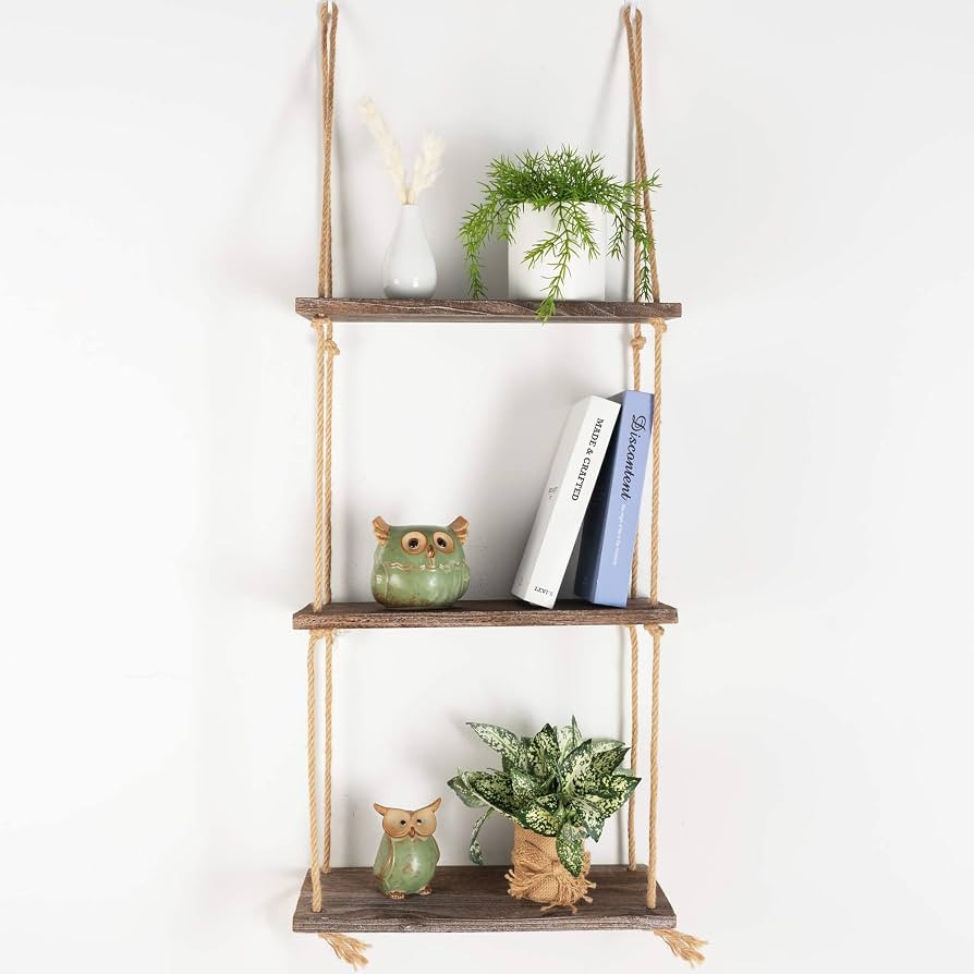 TIMEYARD Decorative Wall Hanging Shelf, 3 Tier Distressed Wood Jute Rope Floating Shelves, Rustic... | Amazon (US)