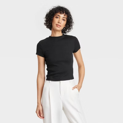 Women's Slim Fit Short Sleeve Cropped Ribbed T-Shirt - A New Day™ Black L: Cotton Modal Blend, Crew Neck, Pullover Style | Target