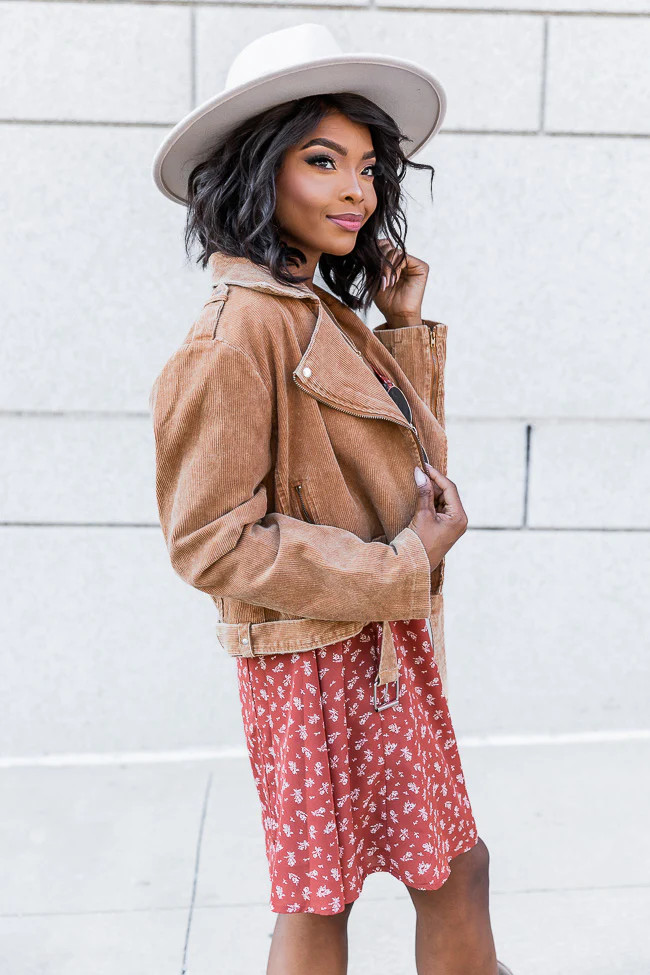 Dreaming Of You Acid Wash Brown Corduroy Moto Jacket | Pink Lily
