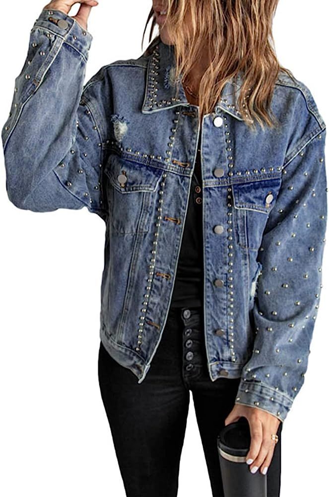 Sidefeel Womens Long Sleeve Button Up Denim Jackets Patchwork Fleece Hooded Coat with Pockets | Amazon (US)