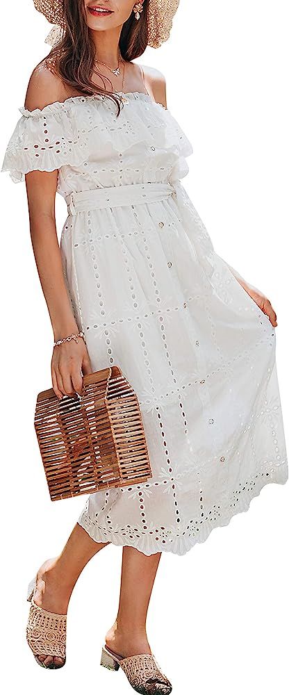 Amegoya Women's Off Shoulder Cotton Embroidery Long Dress Casual Maxi Dress with Belt | Amazon (US)