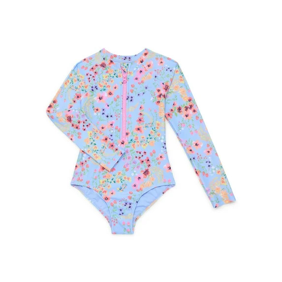 Wonder Nation Girls Zip Up Rash Guard One Piece Swimsuit with Long Sleeves, Sizes 4-18 | Walmart (US)