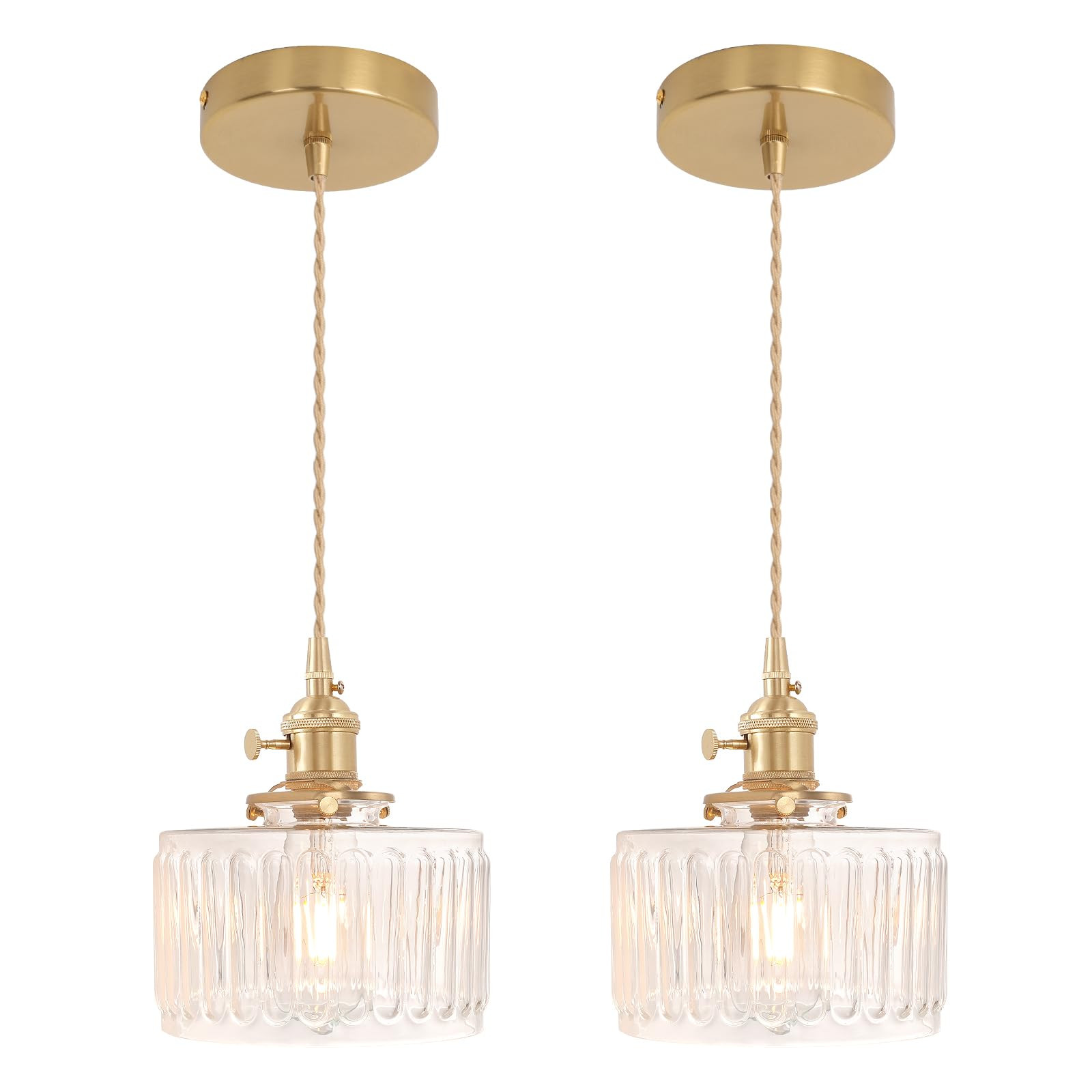Pendant Light 2 Pack with Clear Striped Glass Lmapshade, Brass Vintage Pendant Light Adjustable H... | Amazon (US)