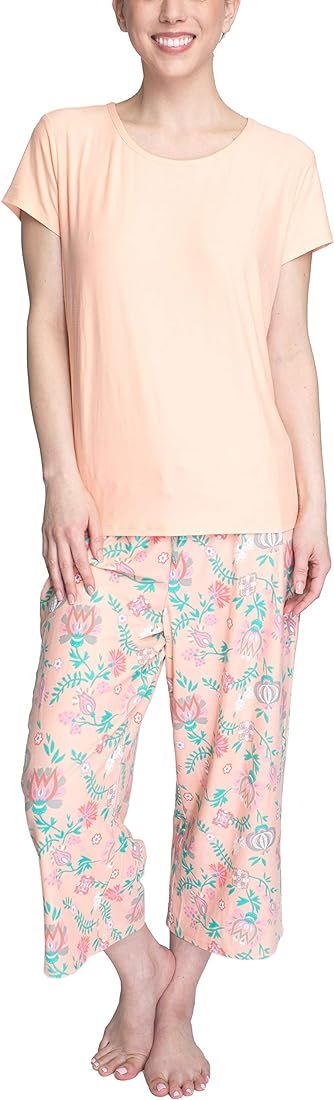 MUK LUKS Womens Feel Good Happy Cloud Knit Short Sleeve 22" Capri Pant Sleep Set, Multiple Colors, M | Amazon (US)