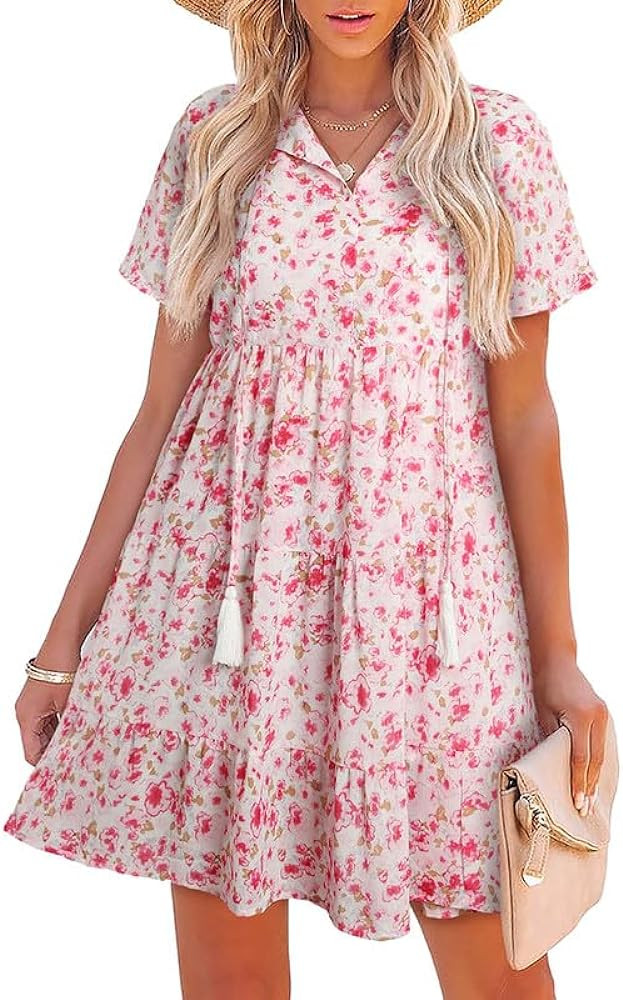 SHEWIN Women's Spring Summer Boho Floral Dresses Casual V Neck Short/Long Sleeve Ruffle Hem A-Lin... | Amazon (US)