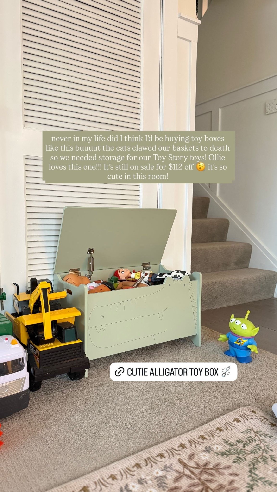 never in my life did I think I’d be buying toy boxes like this buuuut the cats clawed our baskets to death so we needed storage for our Toy Story toys! Ollie loves this one!!! It’s still on sale for $112 off 🫨 it’s so cute in this room!