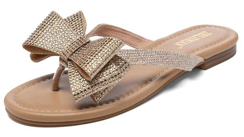 ZHILIUNIAN Womens Flat Bow Sparkly Flip Flop Sandals,Ladies Summer Rhinestones memory foam Comfortable Thong Slide Dressy Casual Cute Trendy Vacation Beach Slip on Glitter Slippers Shoe (7,golden) | Amazon (US)
