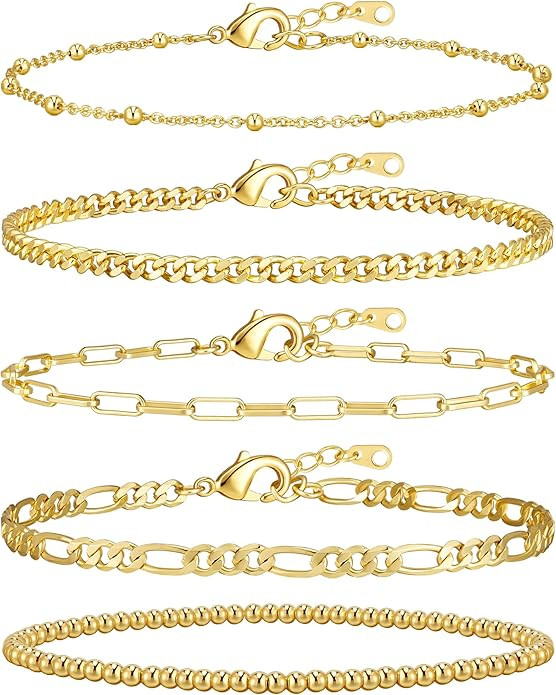 adoyi Gold Bracelets for Women, 14K Gold Plated Stackable Bracelet Stack Set Adjustable Charm Pap... | Amazon (US)