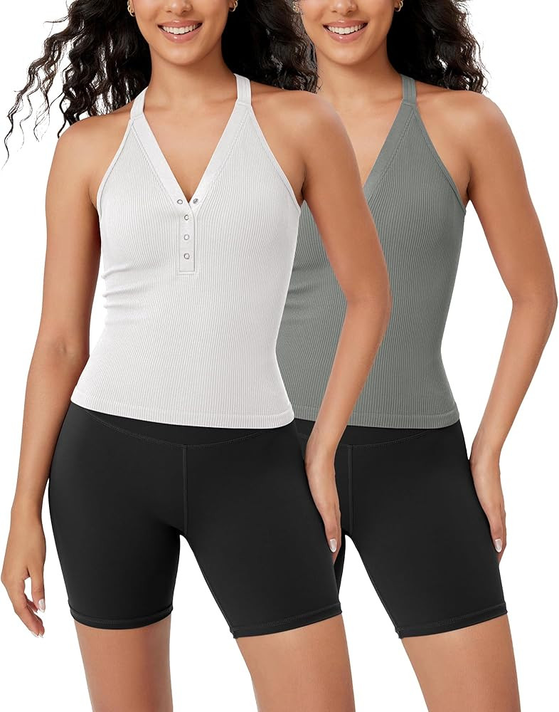 ODODOS 2-Pack Seamless Henley Crop for Women Open Back Ribbed Tank Button-up Cropped Top | Amazon (US)
