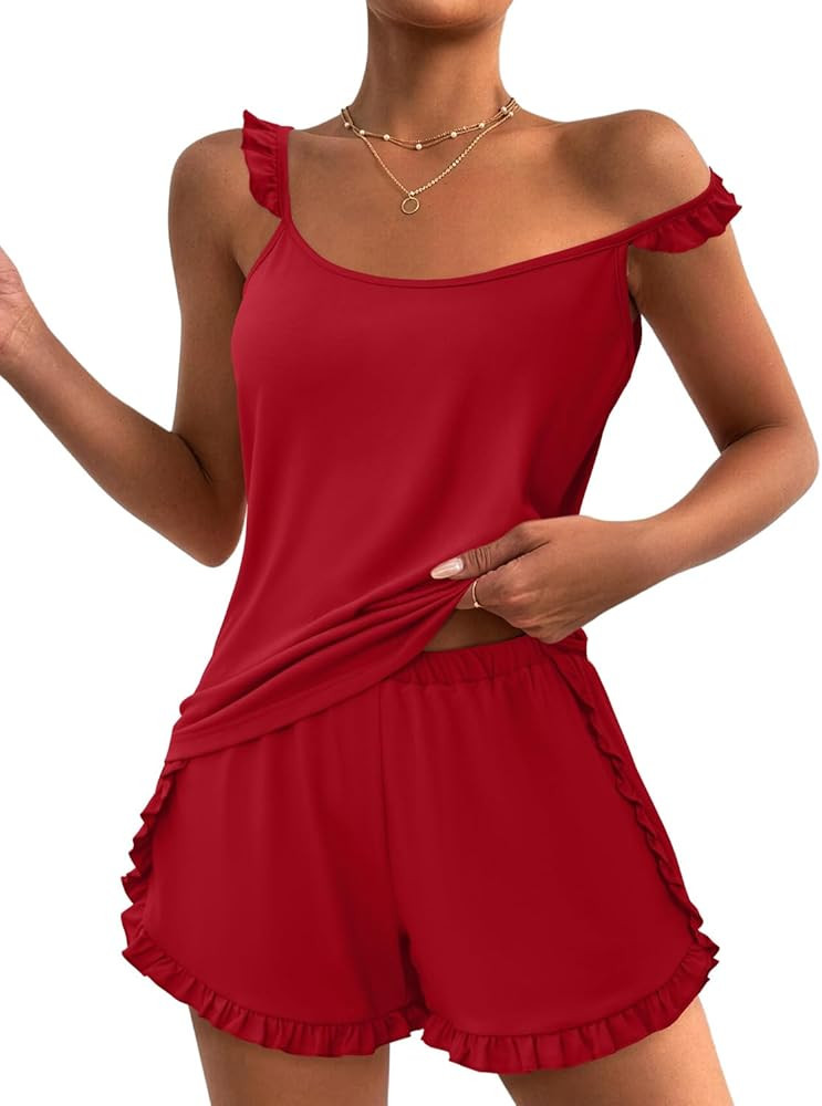 JUSTFASHIONNOW Womens Ruffle Cami Pajamas Sets Shorts Summer Lounge Sets Soft Camisole Lingerie 2... | Amazon (US)