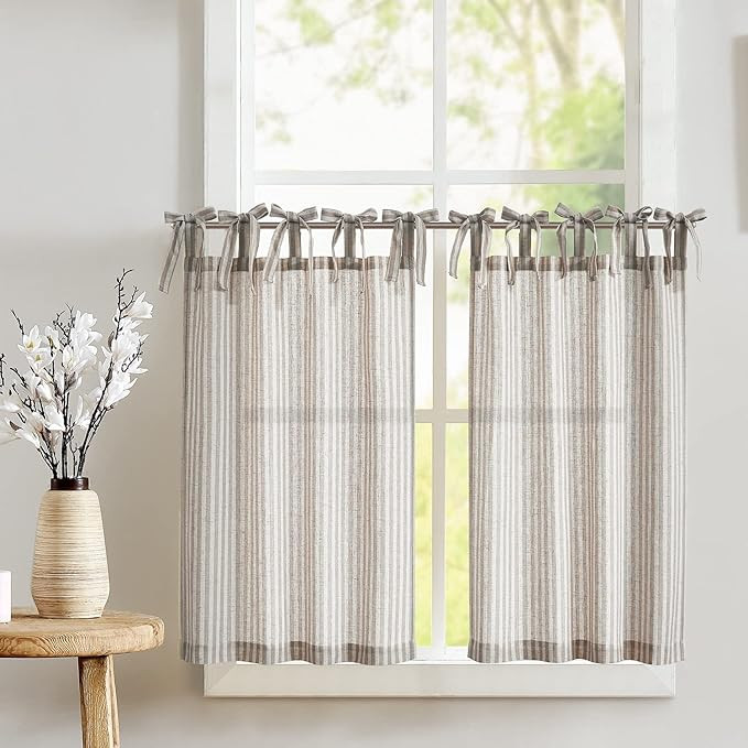 jinchan Kitchen Curtains Striped Tie Top Linen Tier Curtains 24 Inch Length Short Curtains for Be... | Amazon (US)
