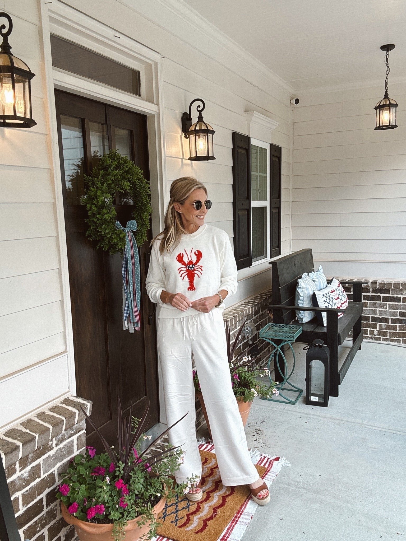 ￼ Y’all, I am in love with this lobster sweater. It is 50% off today also with an additional extra 20% off with code to get more. I paired them with the viral target pull on pants… There is something classic about a neutral in the summer.

#LTKgrwm #LTKmomlife #LTKootd