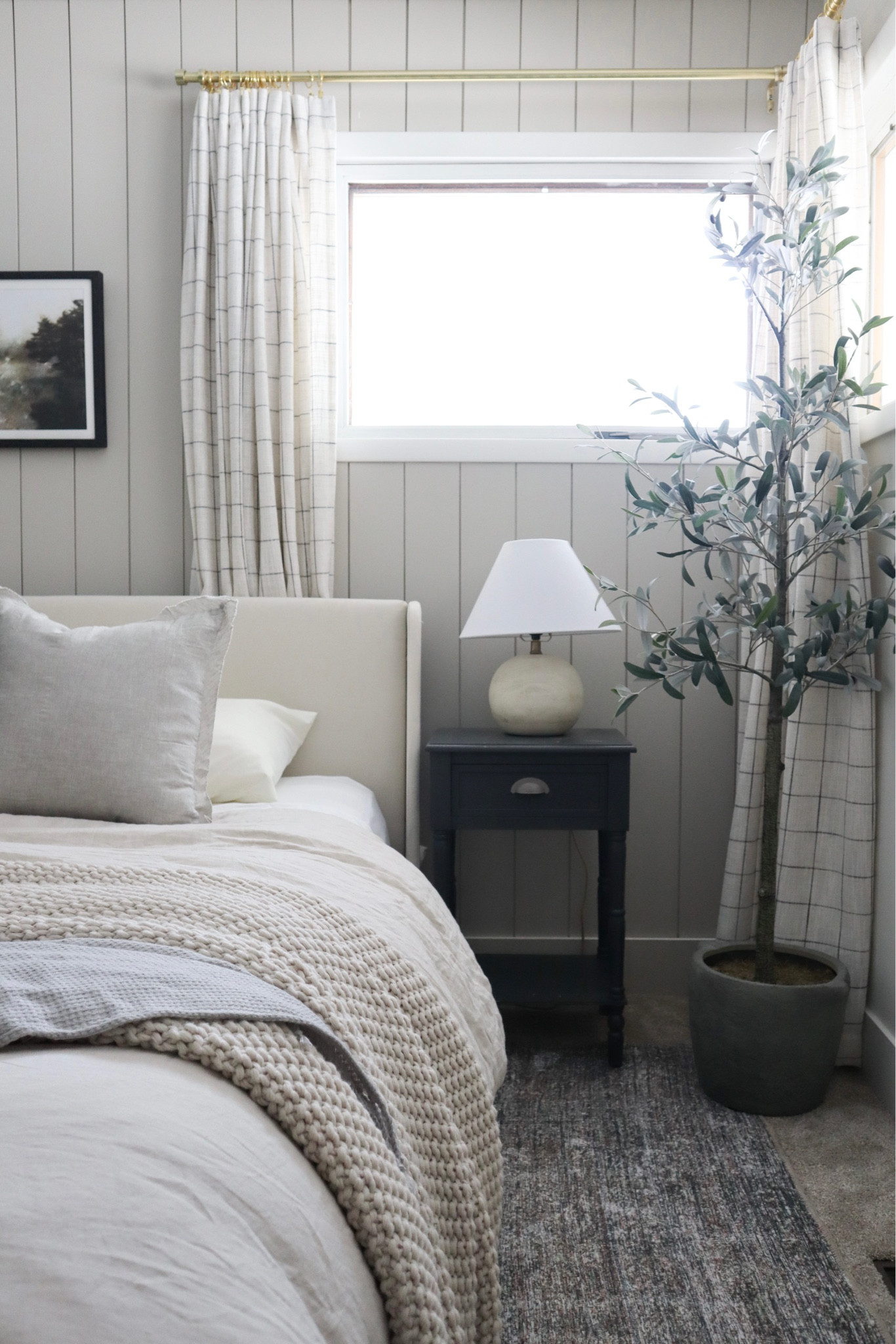 Bedroom decor, black nightstand, table lamp, plaid curtains  

#LTKstyletip #LTKhome #LTKunder50