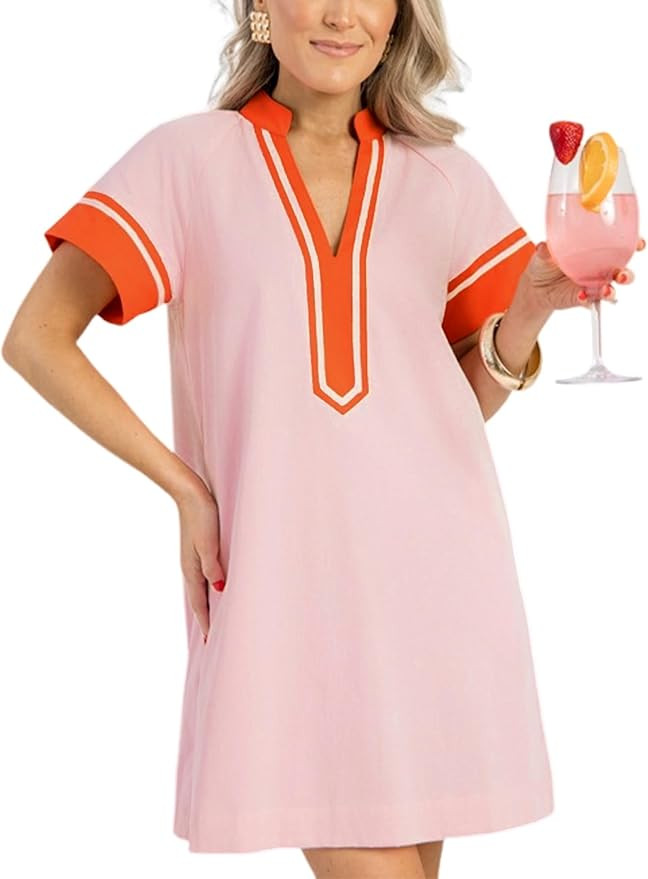 QIBABU Linen Dress for Women V Neck Color Block Summer Short Sleeve A-Line Mini Dress with Pocket... | Amazon (US)