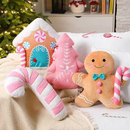 Yuntau 4 Pcs Pink Gingerbread Christmas Throw Pillows Pink Candy House Pillow Pastel Gingerbread Throw Pillows Christmas Decorative Furry Faux Fur Pillow for Couch Sofa Xmas Party Decor Room Gift | Amazon (US)