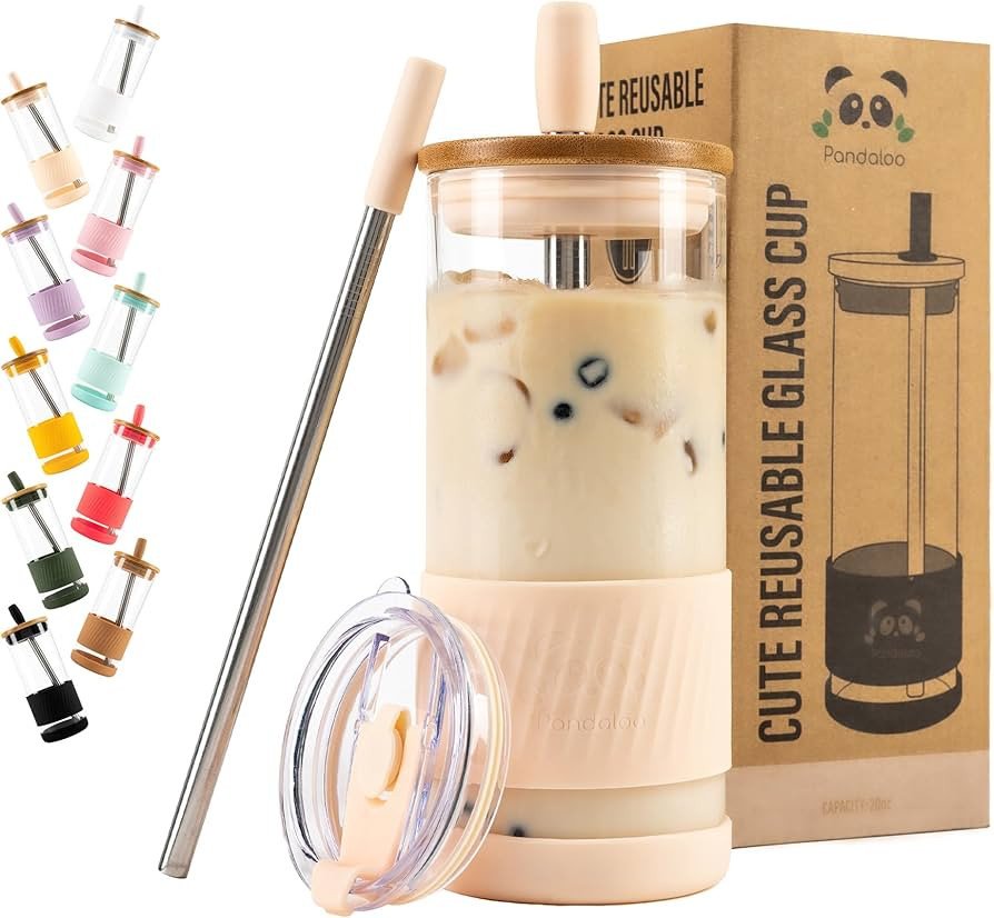 Pandaloo Glass Cups With Lids and Straws -20 Fl Oz- Perfect Size Iced Coffee Cup - Smoothie Cup W... | Amazon (US)