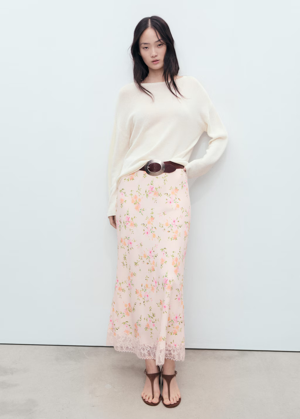 Floral skirt with lace detail pastel pink - Woman - S-M - MANGO | Mango (US/MX/AU)