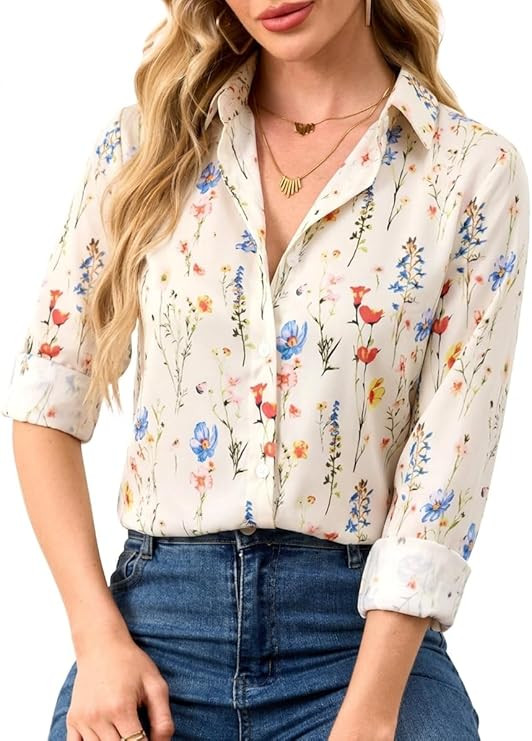 Wrinkle-Resistant Women Silky Button Down Shirts Fashion Printed Dressy Blouse Business Casual Lo... | Amazon (US)