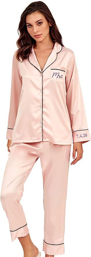 Custom Womens Satin Pajamas Set Wedding Party Bachelorette Party Embroidered Monogrammed Long Sle... | Amazon (US)
