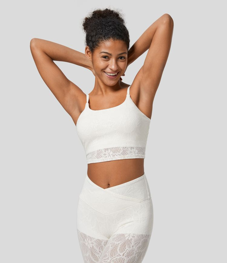 Low Support Lace Overlay Cropped Yoga Sports Bra | HALARA