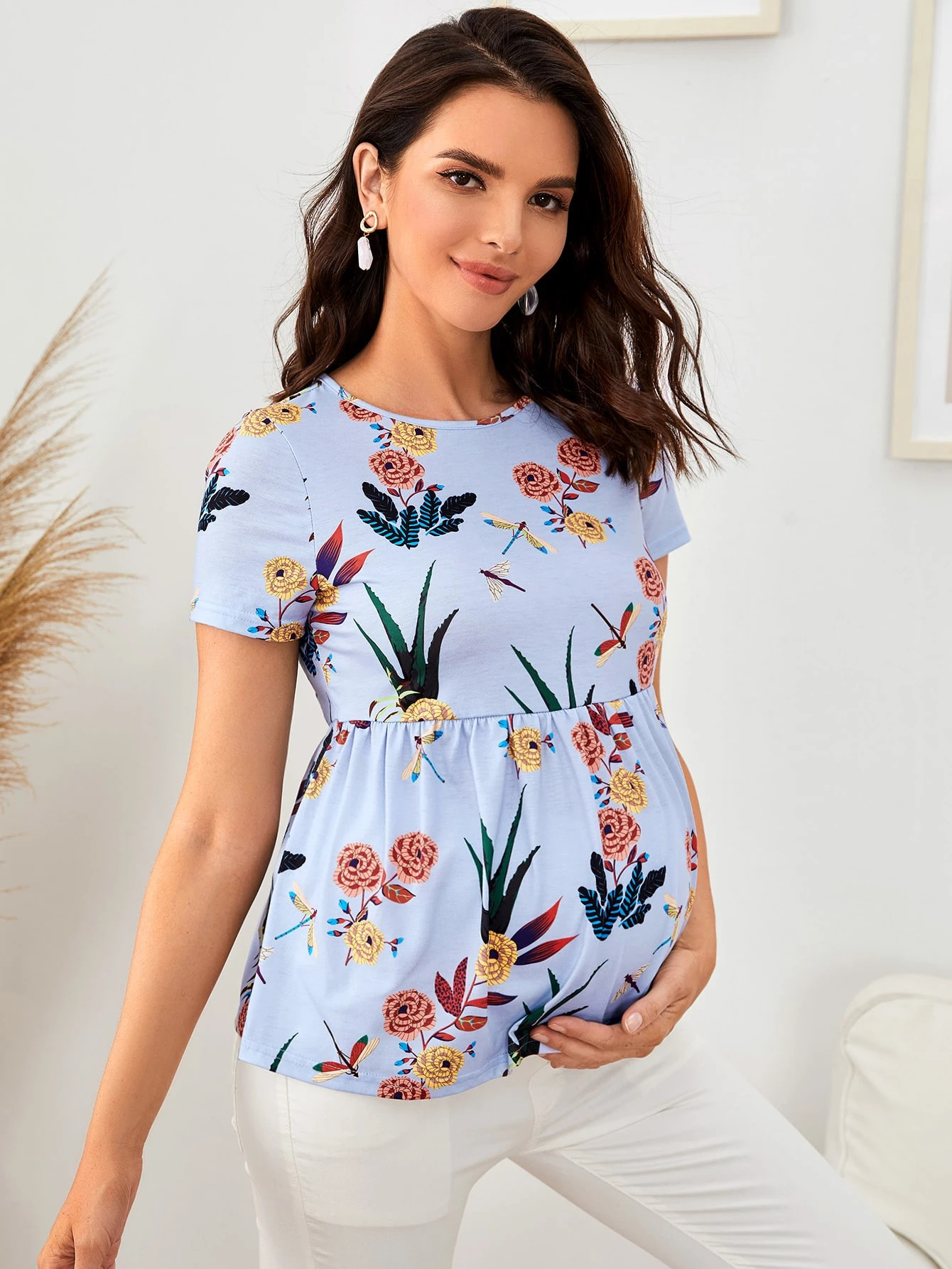 SHEIN Maternity Dragonfly & Floral Print Peplum Top | SHEIN