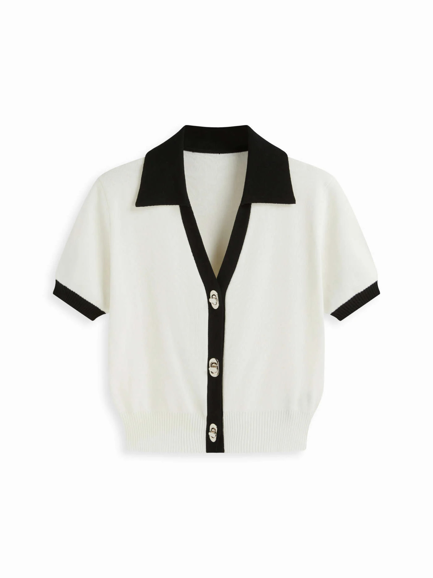 Knit Fabric Knit Collar Colorblock Metal Button Short Sleeve Top For Daily Casual Work | Cider