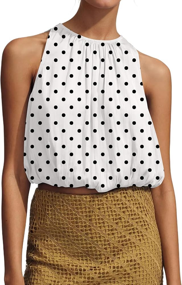 Womens Summer Halter Tops Cute Sleeveless Crewneck Puffy Hem Bubble Crop Tank Top Casual Dressy G... | Amazon (US)