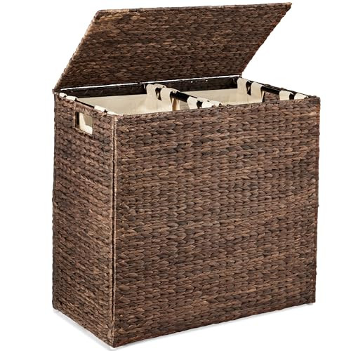 Best Choice Products Large Double Laundry Hamper with Lid, Natural Handwoven Water Hyacinth, 2 Sections w/ 2 Machine Washable Linen Liner Bags, Portable, Handles - Espresso | Amazon (US)