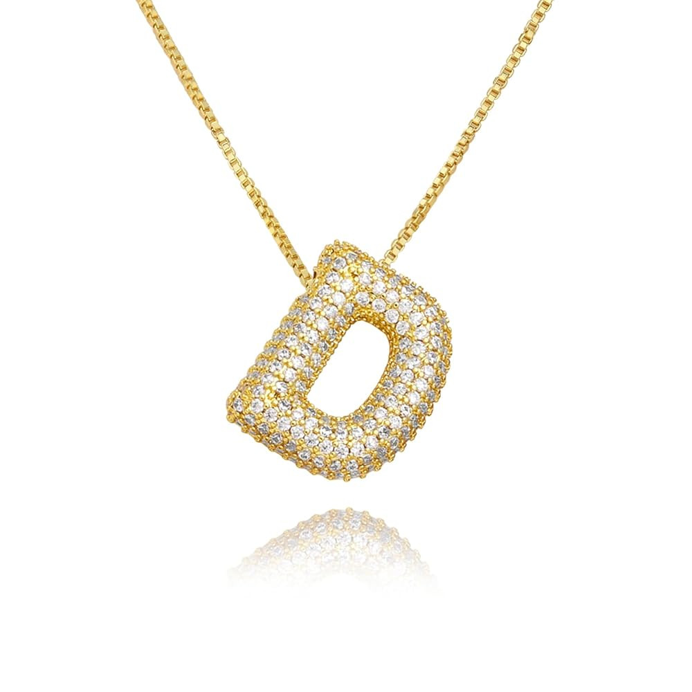 18K Bubble Letter Necklace Gold for Women, Initial Necklaces Rhinestone Chunky Bubble Letter Neck... | Amazon (US)