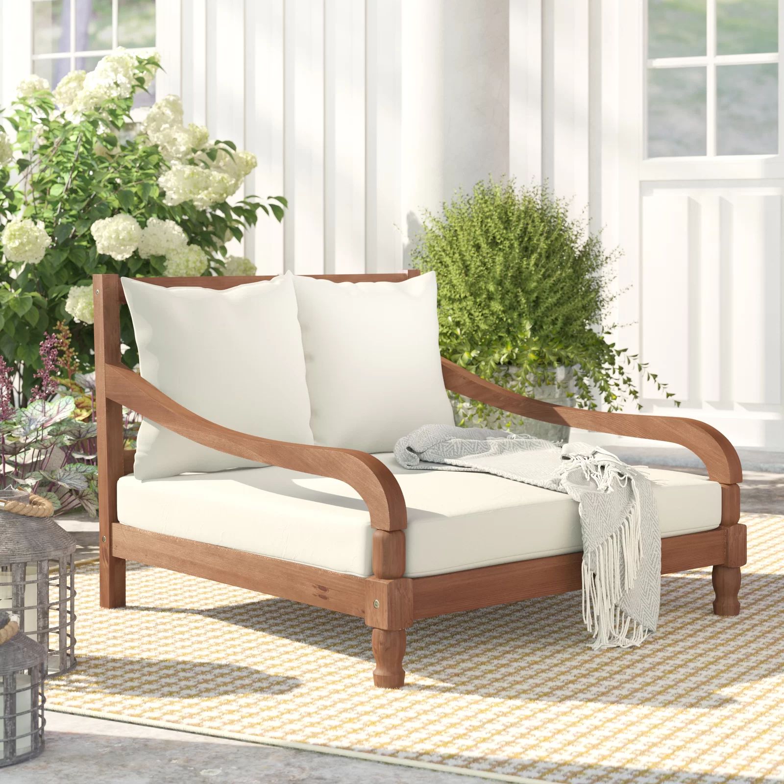 Hallei 35.4'' Long Acacia Double Chaise with Cushions | Wayfair North America