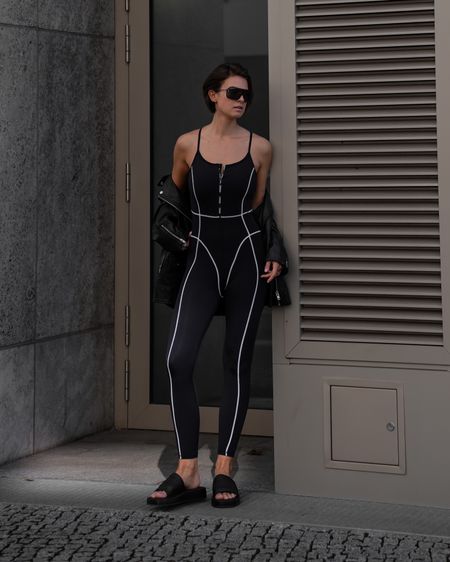 Wearing sportswear in everyday life - bodysuit styles with leather jacket and chunky slides.

#LTKeurope #LTKstyletip