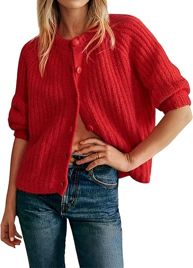 Bianstore Women's Casual Long Sleeve Crewneck Button Down Cardigan Sweater Knit Outwear | Amazon (US)