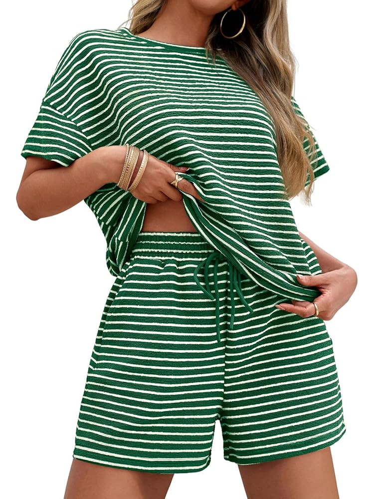 Tankaneo Womens 2 Piece Sets Summer Lounge Sets Striped Short Sleeve Oversized T Shirts Drawstrin... | Amazon (US)