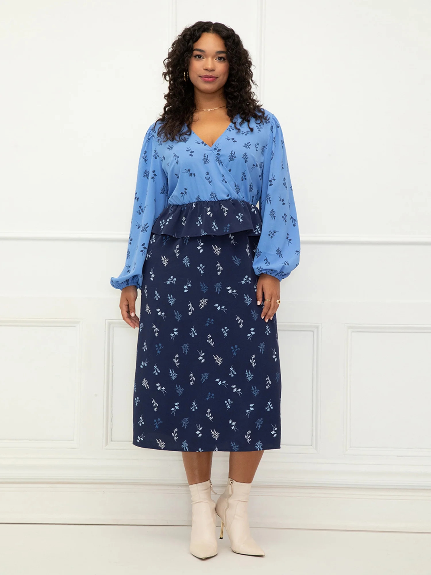 ELOQUII Elements Women's Plus Size Mixed Print Midi Dress With Peplum | Walmart (US)