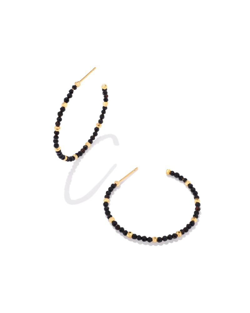 Britt Gold Thin Beaded Hoop Earrings in Black Agate | Kendra Scott